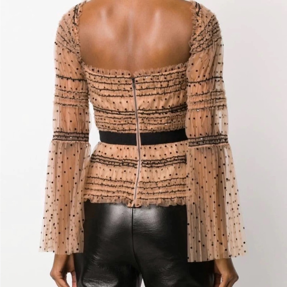 NWOT Self-Portrait Shirred Sheer Polka Dot Top in Tan / Nude & Black - 0 (XS) - Picture 3 of 10